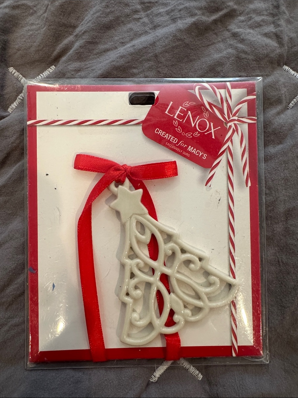 Lenox White Pierced Tree Ornament with Red Ribbon